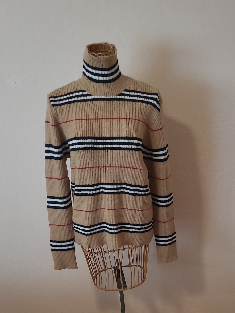 Women's Beige Striped Turtleneck Sweater